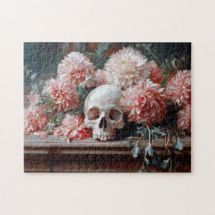 Puzzle Crâne vintage et fleurs rose pâle