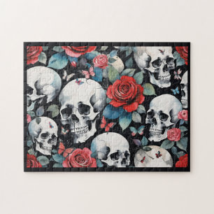 Puzzle Crânes et roses rouges avec papillons Noir