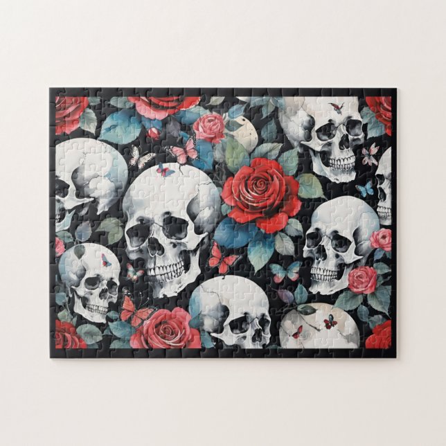 Puzzle Crânes et roses rouges avec papillons Noir (Horizontal)