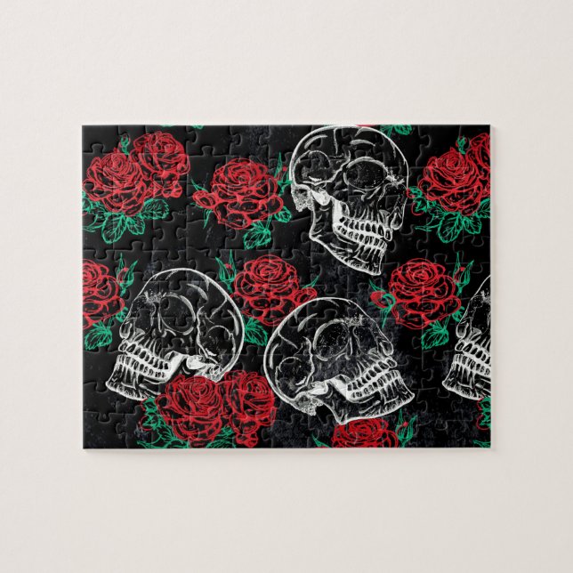 Puzzle Crânes et roses rouges | Grunge gothique moderne (Horizontal)