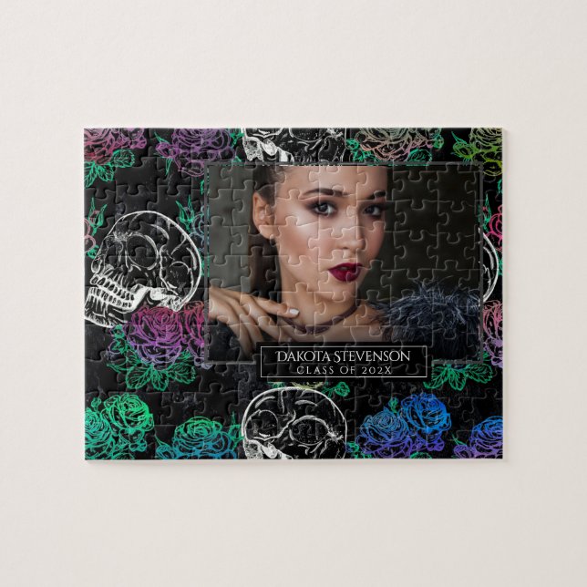 Puzzle Crânes et Roses sombres | Funky Graduation Photo (Horizontal)