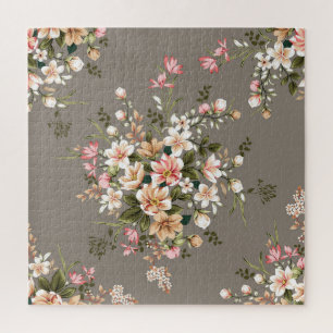 Puzzle Crème, fleurs roses sur gris.