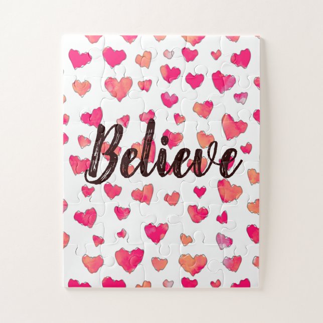 Puzzle Croire la typographie aquarelle Coeurs Art (Vertical)