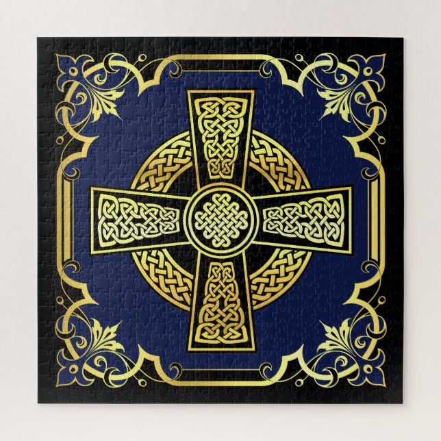 Puzzle Croix celtique irlandaise/noir/or/bleu design (Vertical)