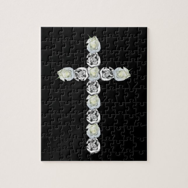 Puzzle Croix d'argent et des roses blancs (Vertical)