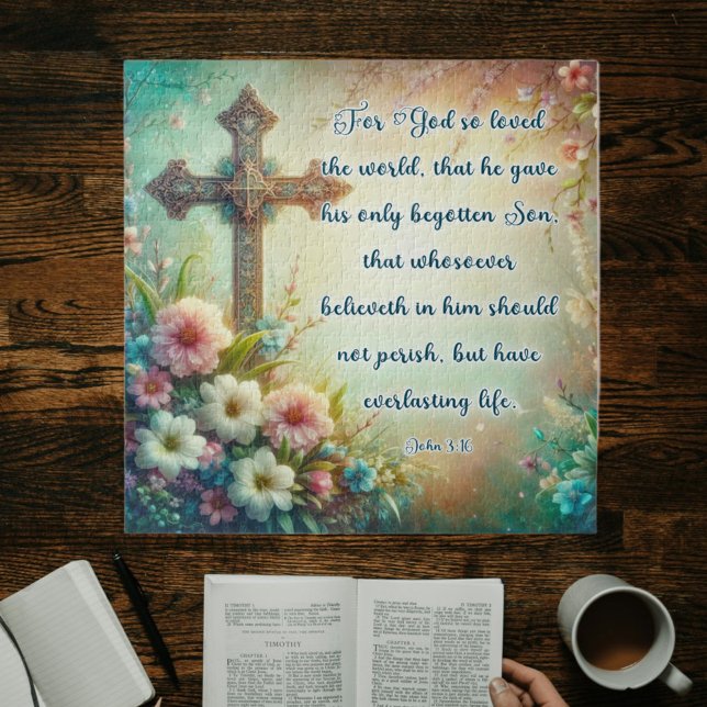 Puzzle Croix florale Bible chrétienne Verse Pâques (Créateur téléchargé)