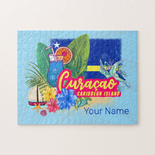 Puzzle Curacao retro caribbean island with turtle vintage