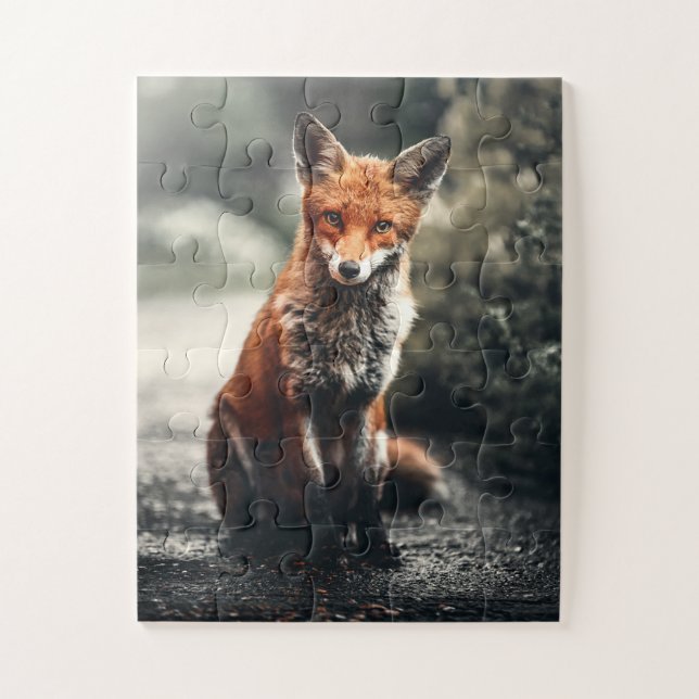 Puzzle Curieux Big Red et White Fox assis dans la nature (Vertical)