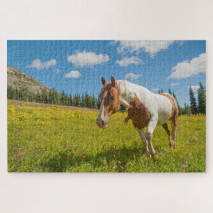 Puzzle Curieux Cheval dans une prairie alpine en été