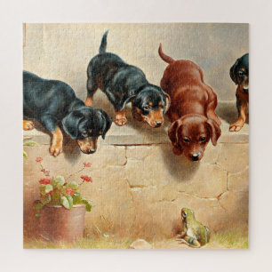 Puzzle Curious Dachshund Puppies and a Frog, painting
