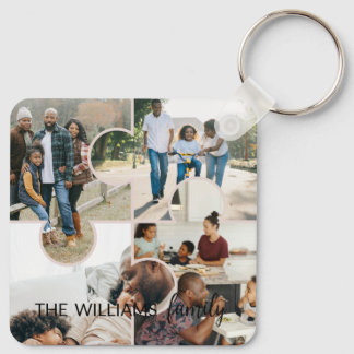 Puzzle custom 4 photo collage and family name keychain