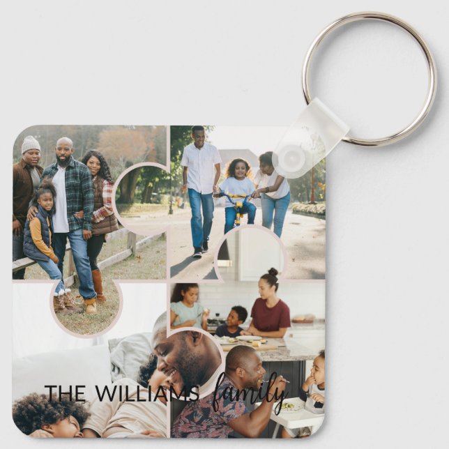 Puzzle custom 4 photo collage and family name keychain (Back)