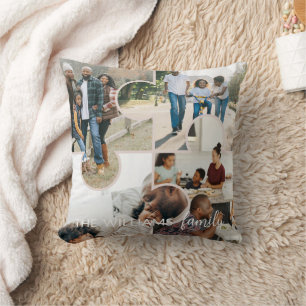 Puzzle custom 4 photo collage and family name throw pillow