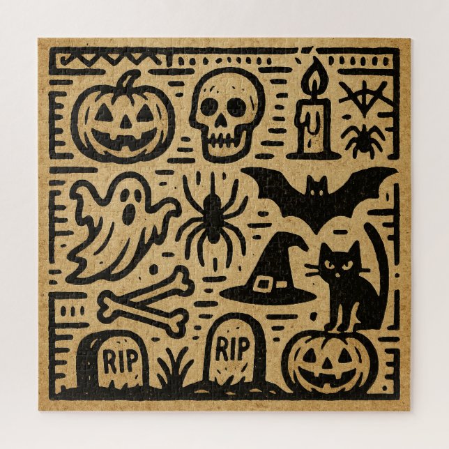 Puzzle Cute ancient hieroglyph pumpkin and bat Halloween (Vertical)