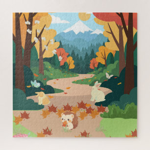 Puzzle Cute Autumn Forest Animals Cozy Landscape Art Post
