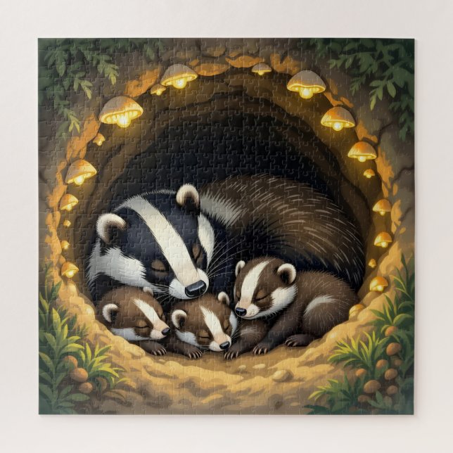 Puzzle Cute Badger Family Napping (Vertical)