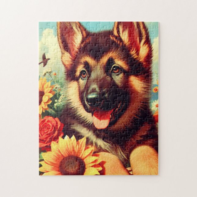 Puzzle Cute berger allemand Peinture de chiot (Vertical)