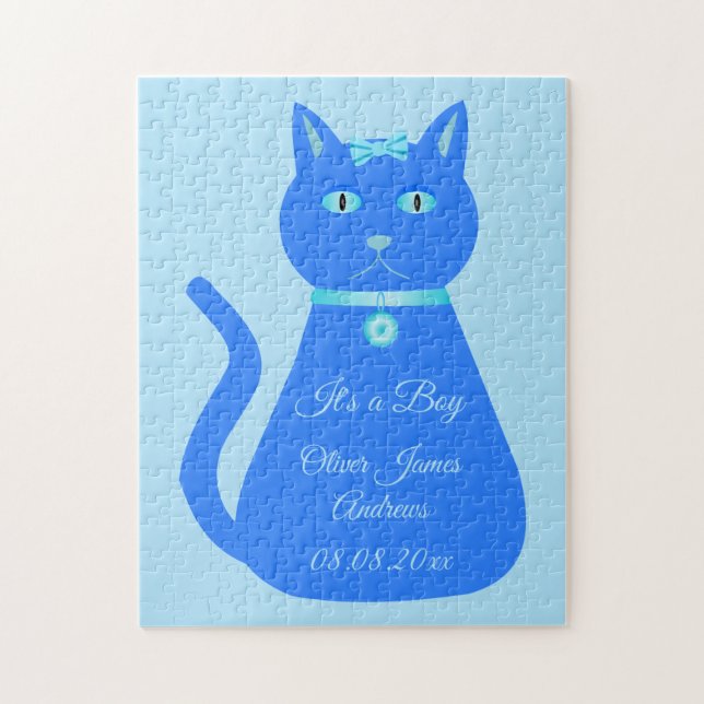 Puzzle Cute Blue Baby Boy Chat Faire-part de naissance pe (Vertical)