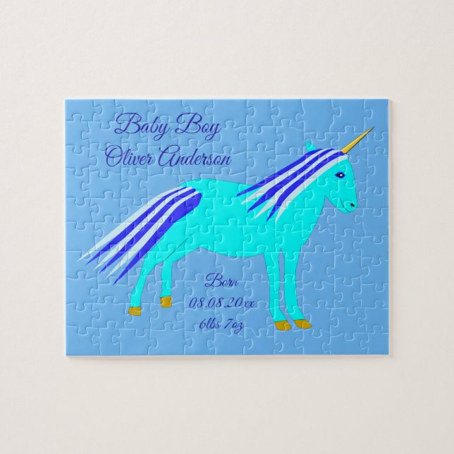 Puzzle Cute Blue Baby Boy Unicorn Personnalisé Nouveau bé (Horizontal)
