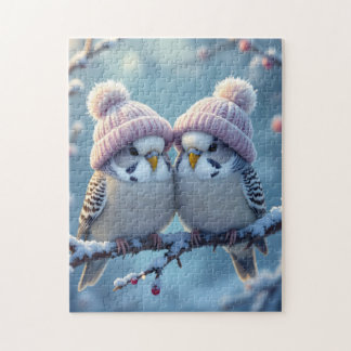 Puzzle Cute budgies with bobble hats on a branch