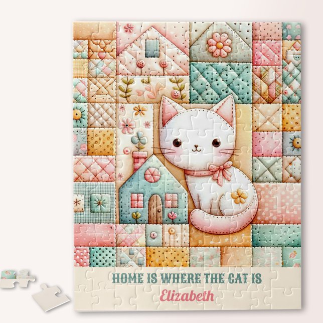 Puzzle Cute Cat House Quilt Patchwork Pastel Nom personna (Cute Cat House Quilt Patchwork Pastel Custom Name Jigsaw Puzzle)