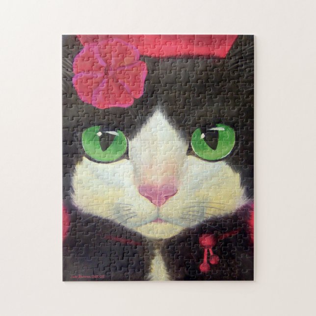 Puzzle Cute Cat Tuxedo Black Kitty Painting (Vertical)