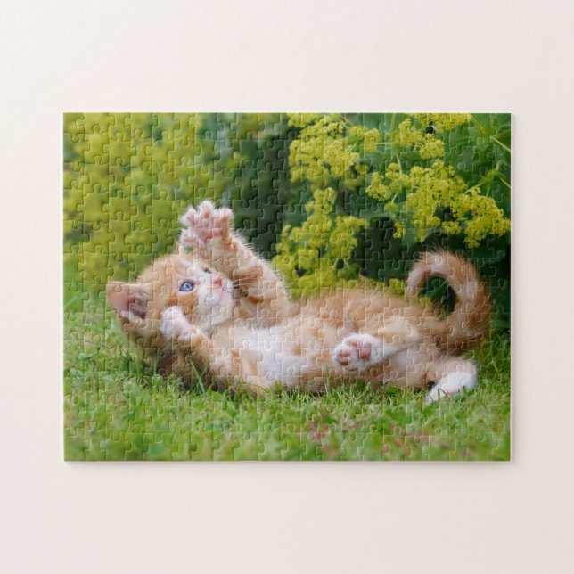 Puzzle Cute chaton jouant dans un jardin fleuri .. (Horizontal)