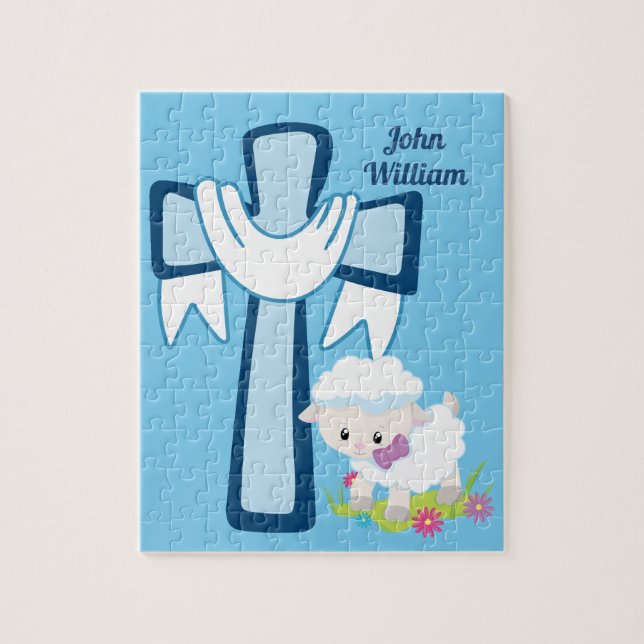Puzzle Cute Christian Little Boy Agneau bleu Croix Baptêm (Vertical)