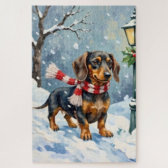 Puzzle Cute Dachshund Puppy Cozy Winter Scarf Art (Vertical)