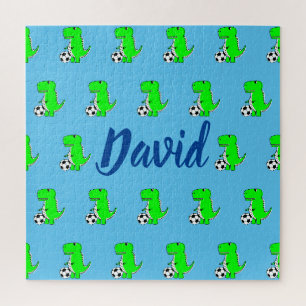 Puzzle Cute Green Soccer Dino T-Rex On Blue