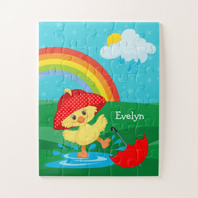 Puzzle Cute Happy Duck en pluie avec arc-en-ciel (Vertical)