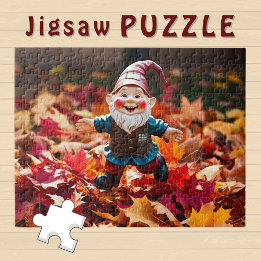 Puzzle Cute Happy Gnome dans les feuilles d'automne tombé