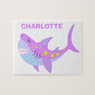 Puzzle Cute Kawaii Requin souriant en violet Personnalisé