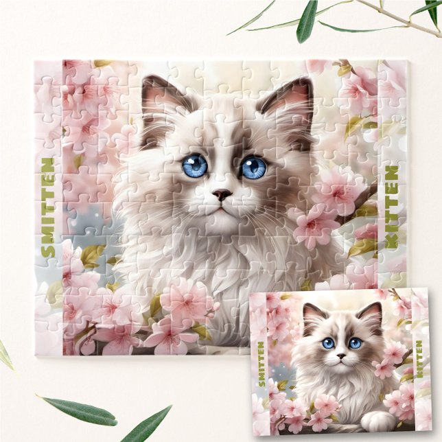 Puzzle Cute Kitten Ragdoll Chat Printemps Floral Nom pers (Cute Kitten Ragdoll Cat Spring Floral Custom Name Jigsaw Puzzle)