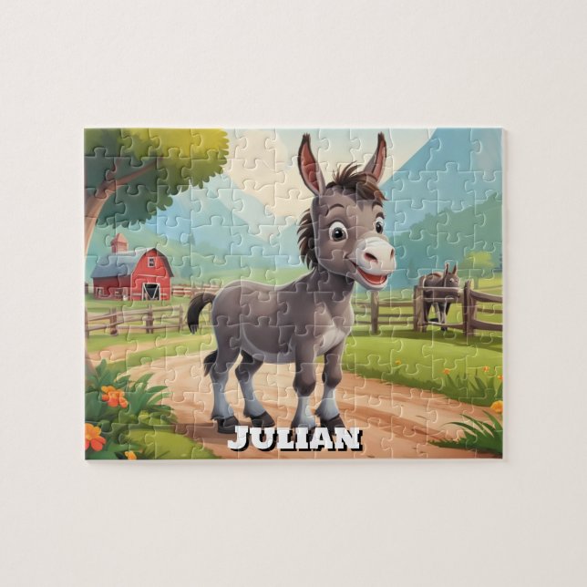 Puzzle Cute Little Donkey sur ferme Personnalisé (Horizontal)