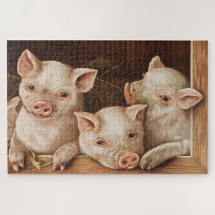 Puzzle Cute little piglets in a barn at the farm