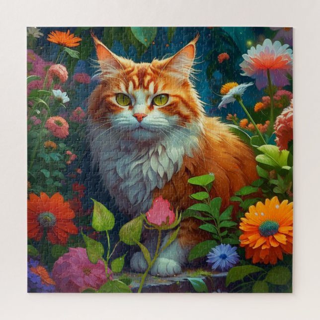 Puzzle Cute Orange Chat en Fleurs (Vertical)