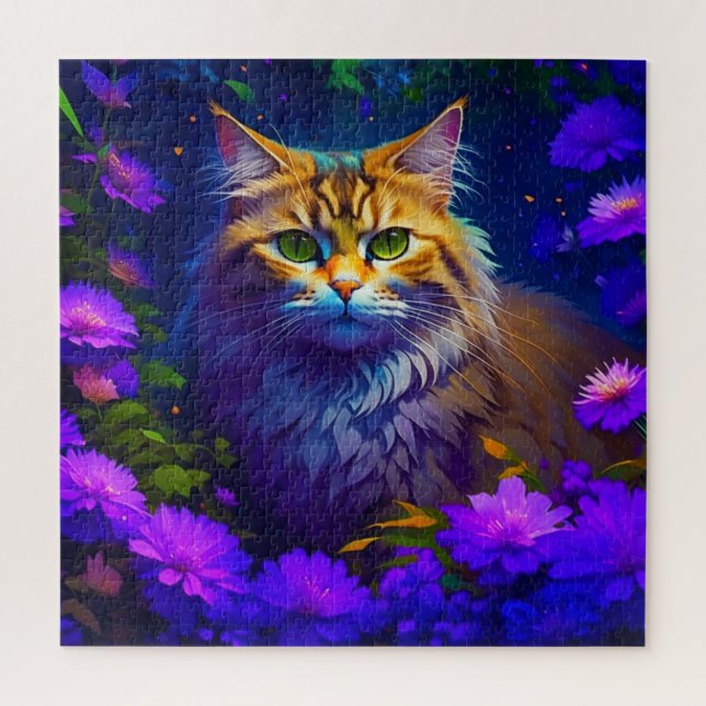 Puzzle Cute Orange Kitty Chat en Fleurs (Vertical)