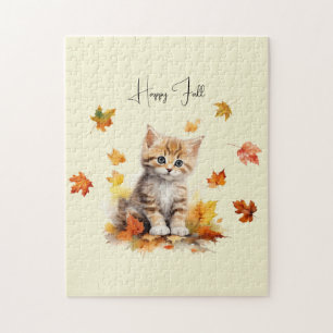 Puzzle Cute Orange Tabby Kitten dans les feuilles d'autom