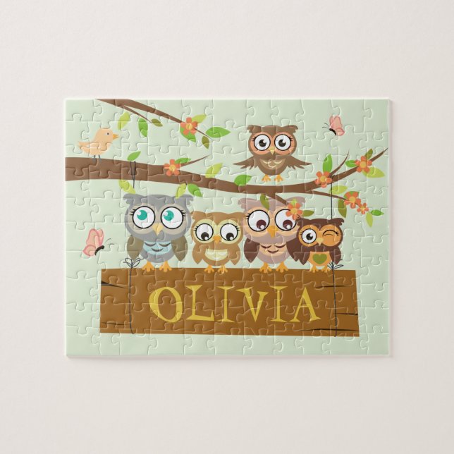 Puzzle Cute owl theme, hanging wood name sign jigsaw (Horizontal)