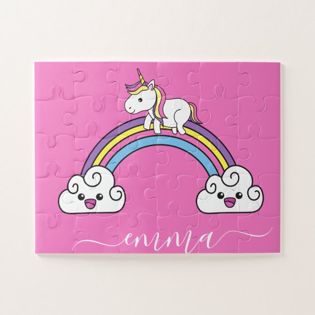 Puzzle Cute Rainbow Unicorn Nom personnalisé  (Horizontal)