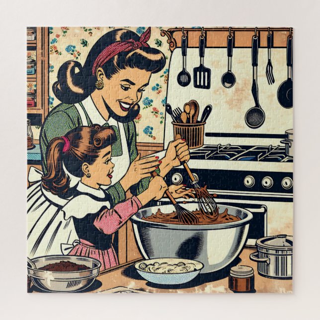 Puzzle Cute Retro Maman et Fille Cuisiner ensemble (Vertical)