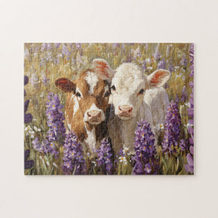 Puzzle Cute Vaches Laitières Calves Lupines Fleurs