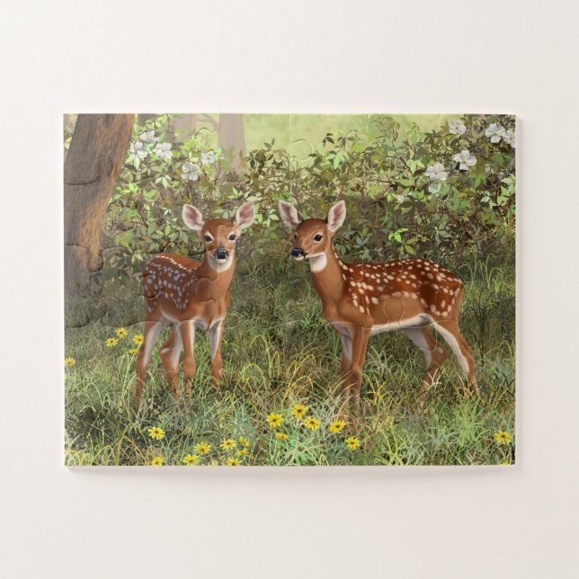 Puzzle Cute White Deer Twin Fawns (Horizontal)