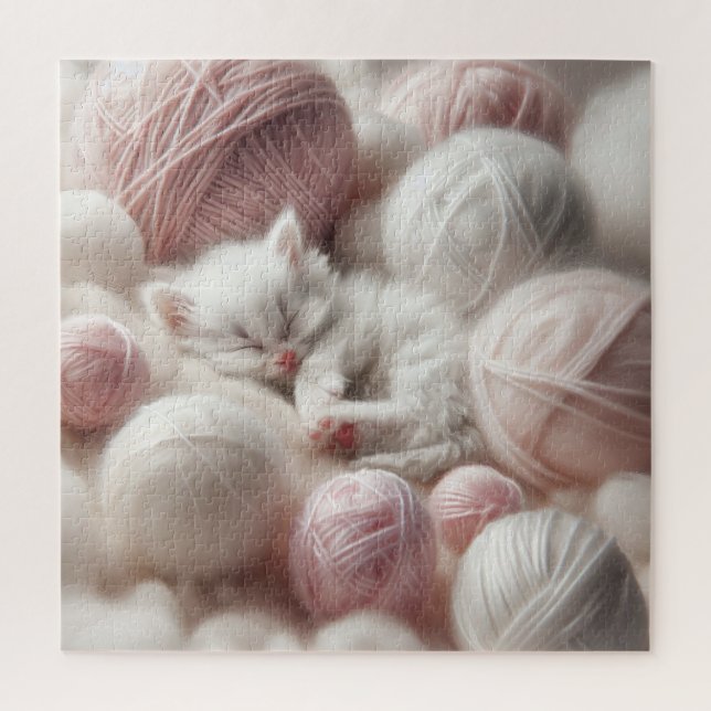 Puzzle Cute White Kitten Napping en Fil (Vertical)