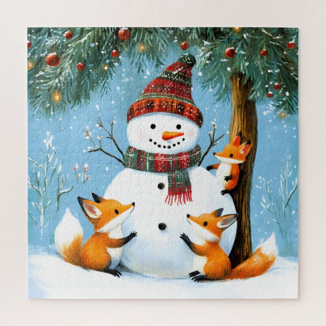 Puzzle Cute Winter Woodland Snowman Foxes (Vertical)