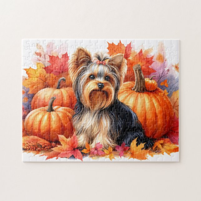 Puzzle Cute Yorkie Terrier Automne Feuilles et Citrouille (Horizontal)