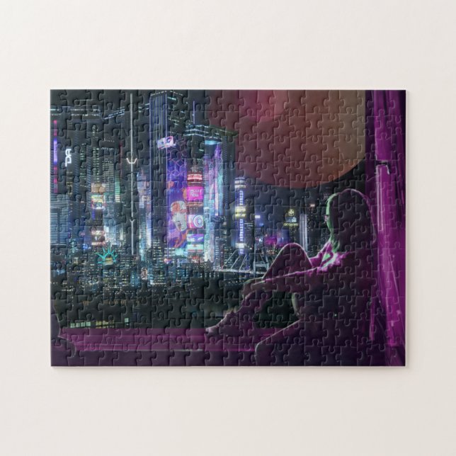 Puzzle cyberpunk ville skyline fille scifi synthwave (Horizontal)