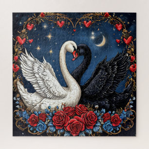Puzzle Cygnes blancs et noirs avec des cœurs et des roses