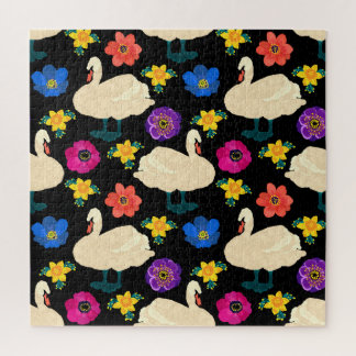 Puzzle Cygnes, fleurs, arrière - plan noir dessiné à la m